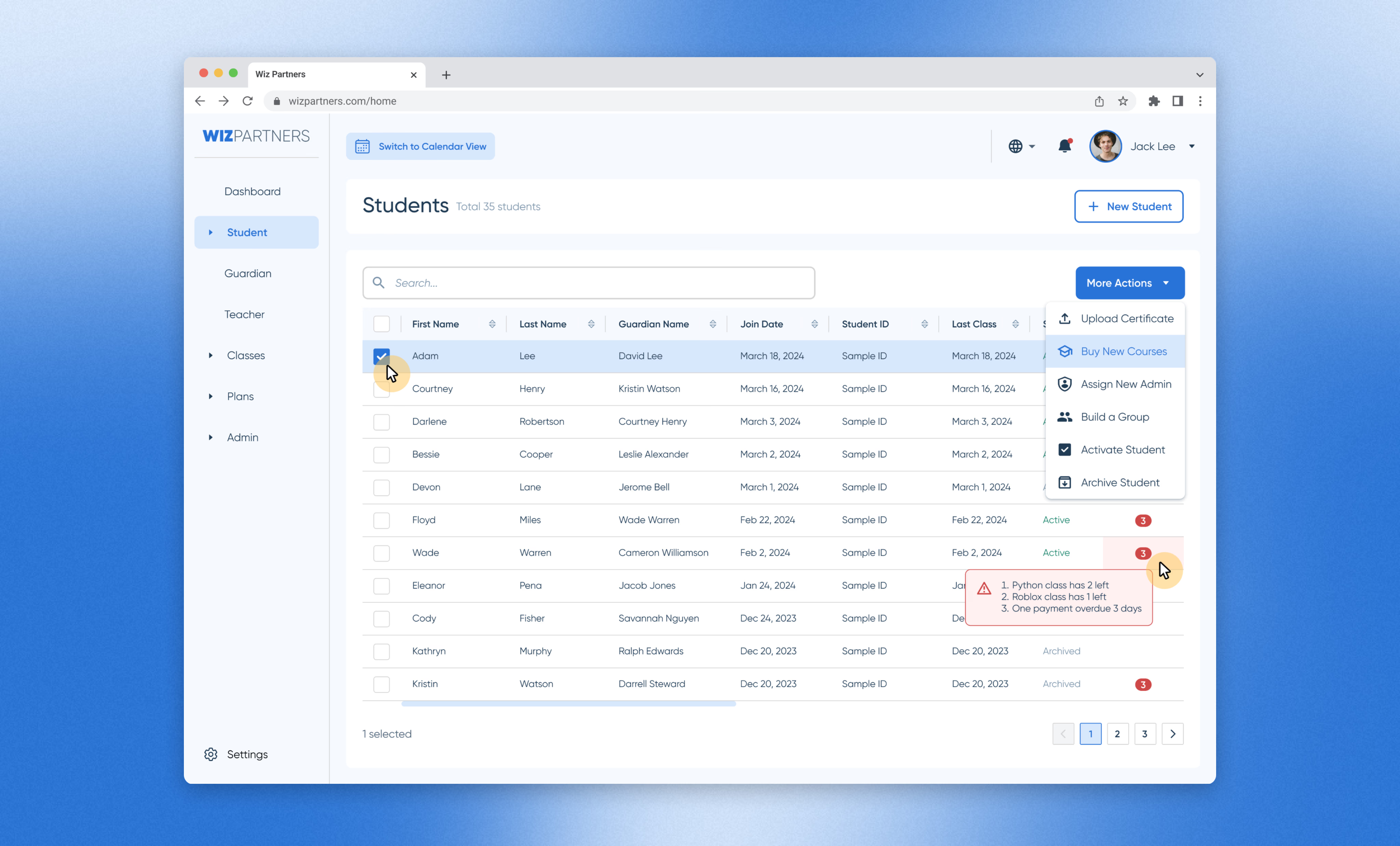 Wiz Partners dashboard — Students table view